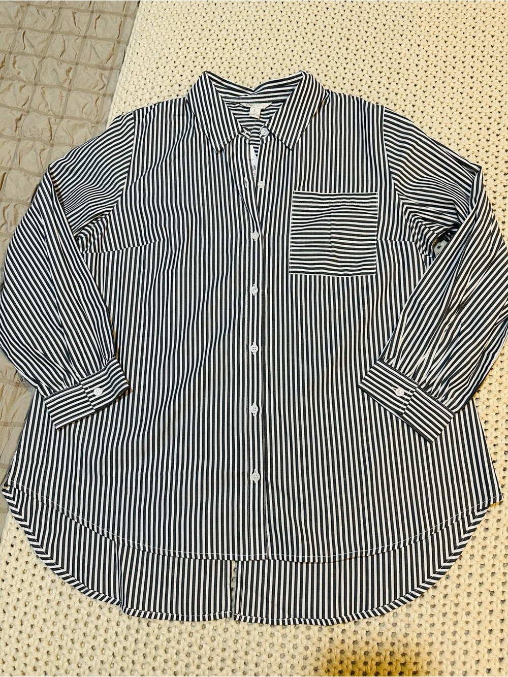 NWT Cato Grey and White Vertical Stripe Button-Down Shirt with Bows in Back